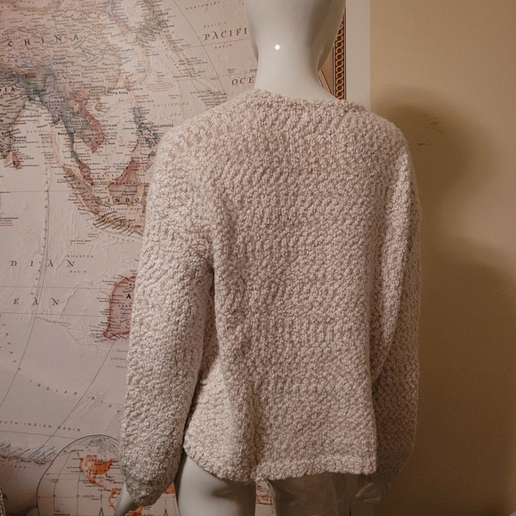 Yet Again ivory and tan loose knit chunky nubby crew neck sweater cozy beachy M - Picture 9 of 9